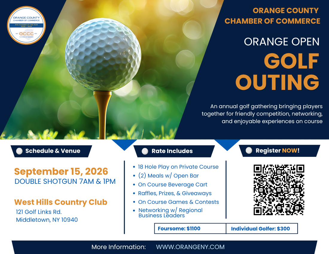 Promotional flyer for Orange Open Golf Outing by the Orange County Chamber of Commerce, featuring a golf ball on a tee and event details.