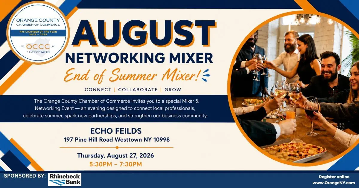 Promotional banner for the August Networking Mixer by Orange County Chamber of Commerce, featuring a group toasting at a long table and event details.