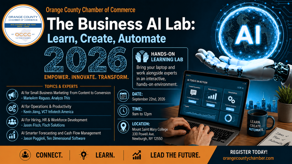 Banner for The Business AI Lab by the Orange County Chamber of Commerce, featuring a glowing AI globe, a robotic hand, and a person using a laptop to explore AI tools; includes date, location, and topics info.