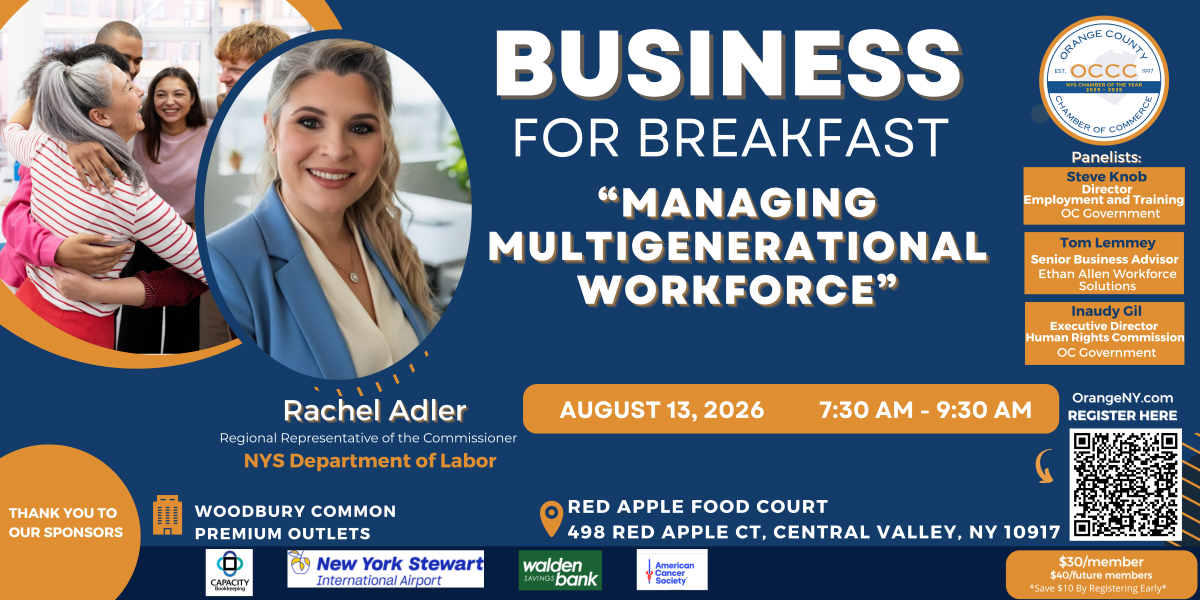 Banner promoting 'Business for Breakfast' with a circular headshot of a smiling woman and a group hug photo, bold title and event details.