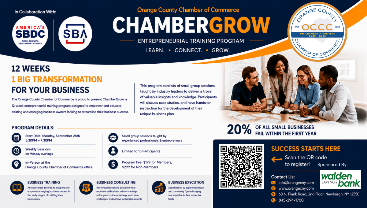 ChamberGrow promotional flyer with logos, a group of people collaborating, and a QR code for registration.