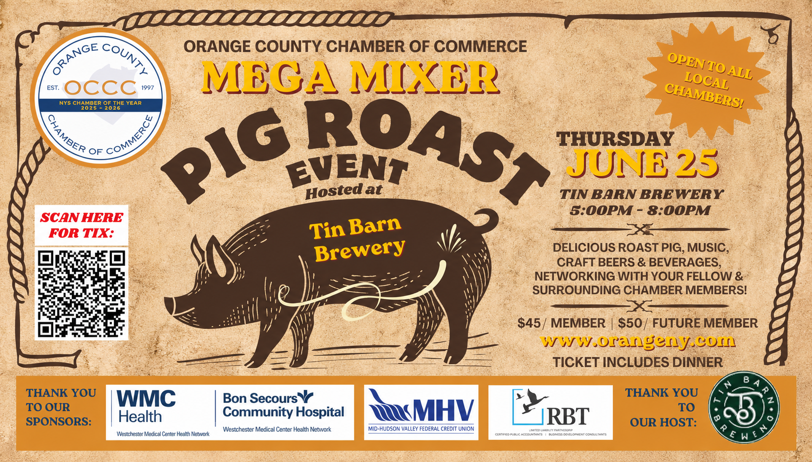 Poster advertising Orange County Chamber Mega Mixer: Pig Roast at Tin Barn Brewery, Thu Jun 25, 5:00–8:00pm; ticket info and sponsors.