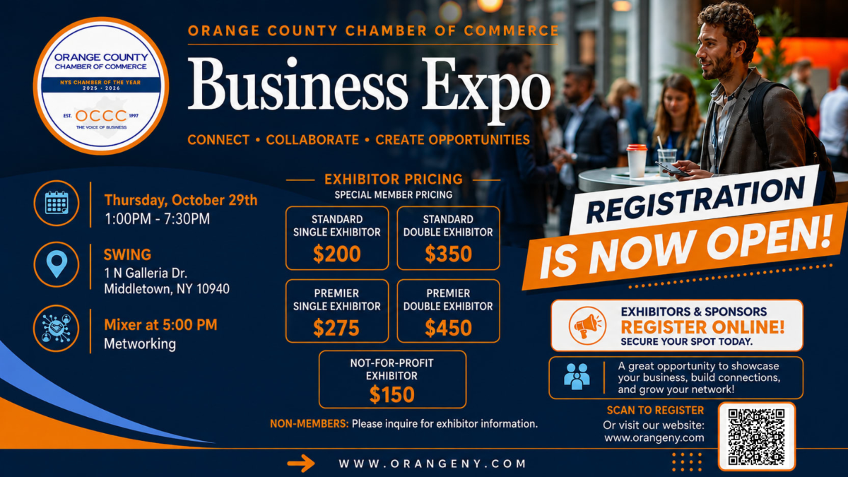 Banner for Orange County Chamber of Commerce Business Expo announcing registration is now open, with event date, pricing tiers, and a QR code for registration.