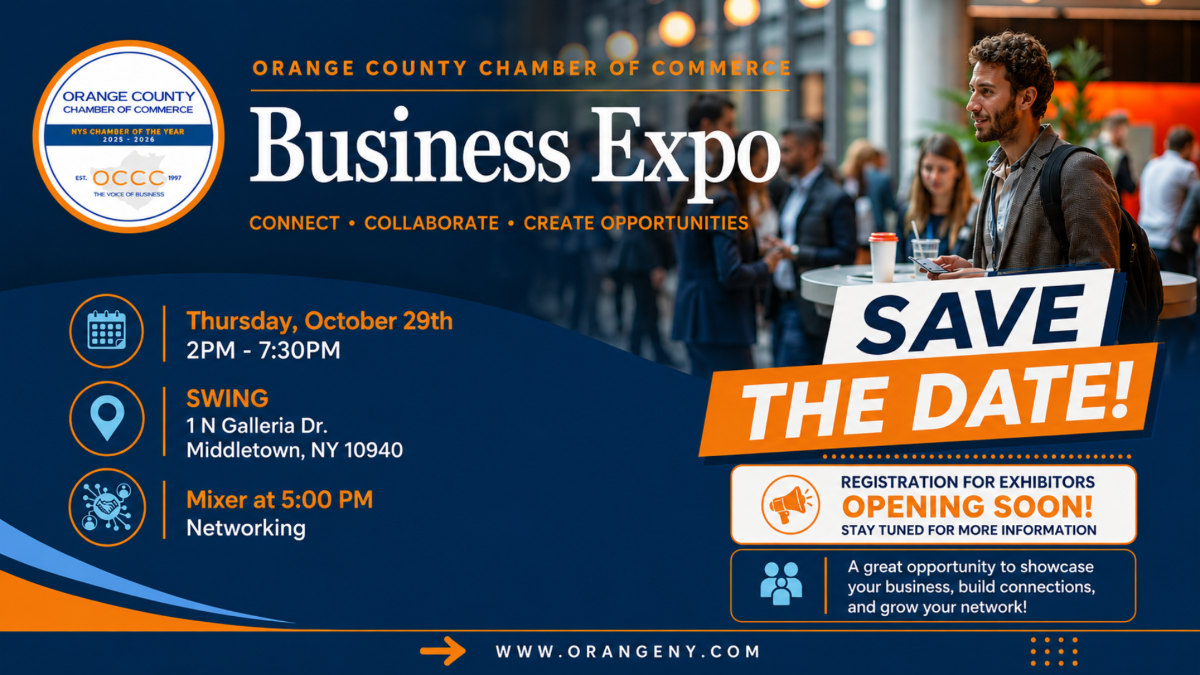 Banner for Orange County Chamber of Commerce Business Expo with 'SAVE THE DATE'—Oct 29, 2:00–7:30 PM; Swing venue in Middletown, NY; mixer at 5 PM; networking.