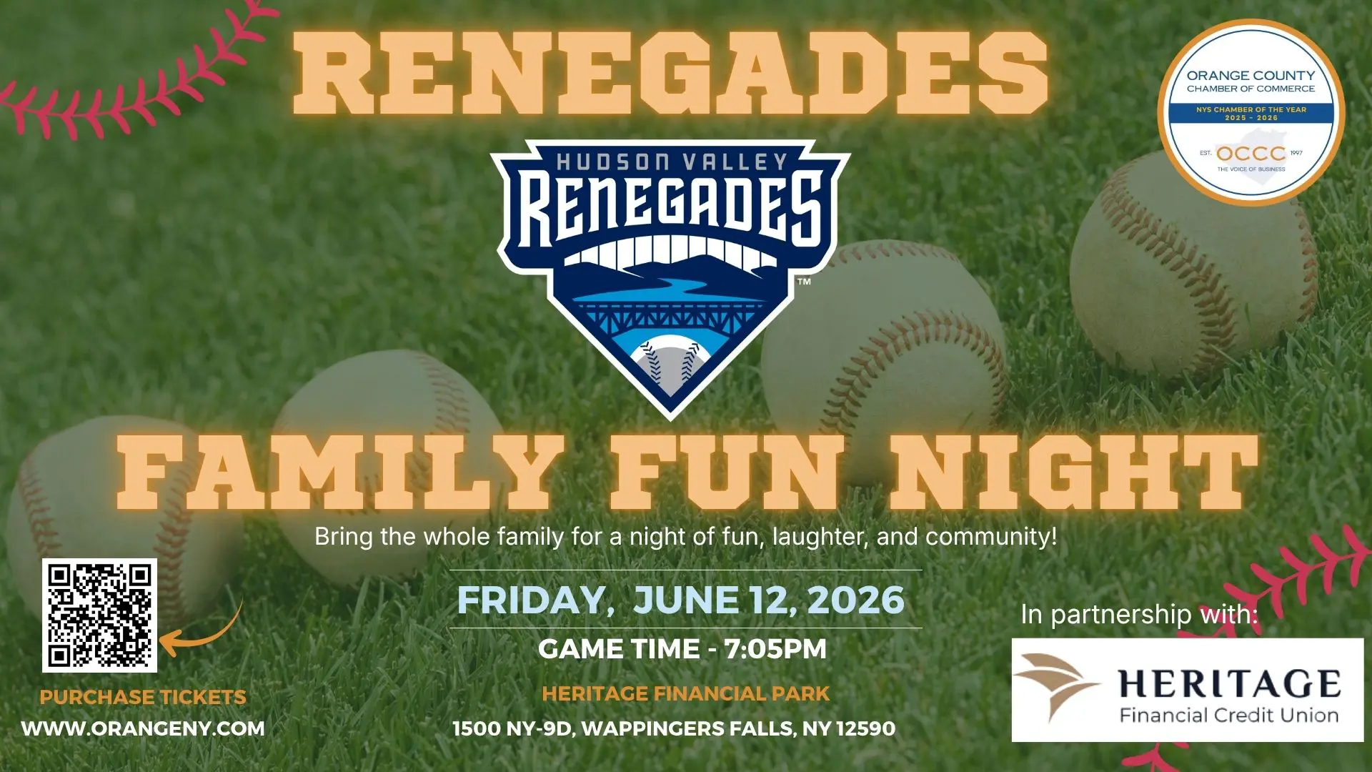 Promotional banner for Renegades family fun night with baseball logo, text and date on a grassy background.