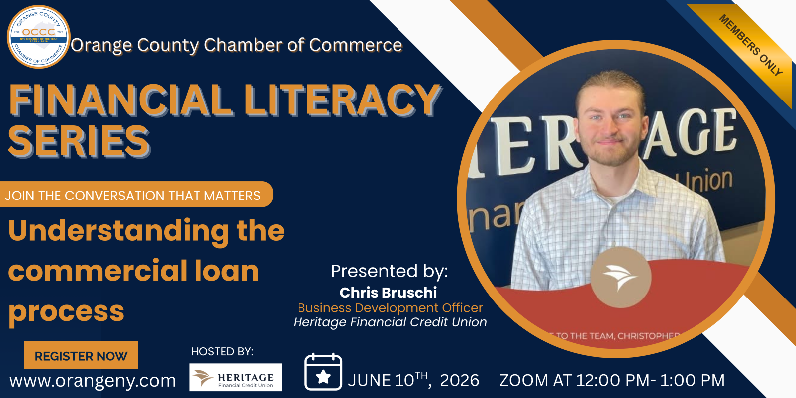 Banner for Orange County Chamber of Commerce Financial Literacy Series featuring speaker Chris Bruschi and the title 'Understanding the commercial loan process'