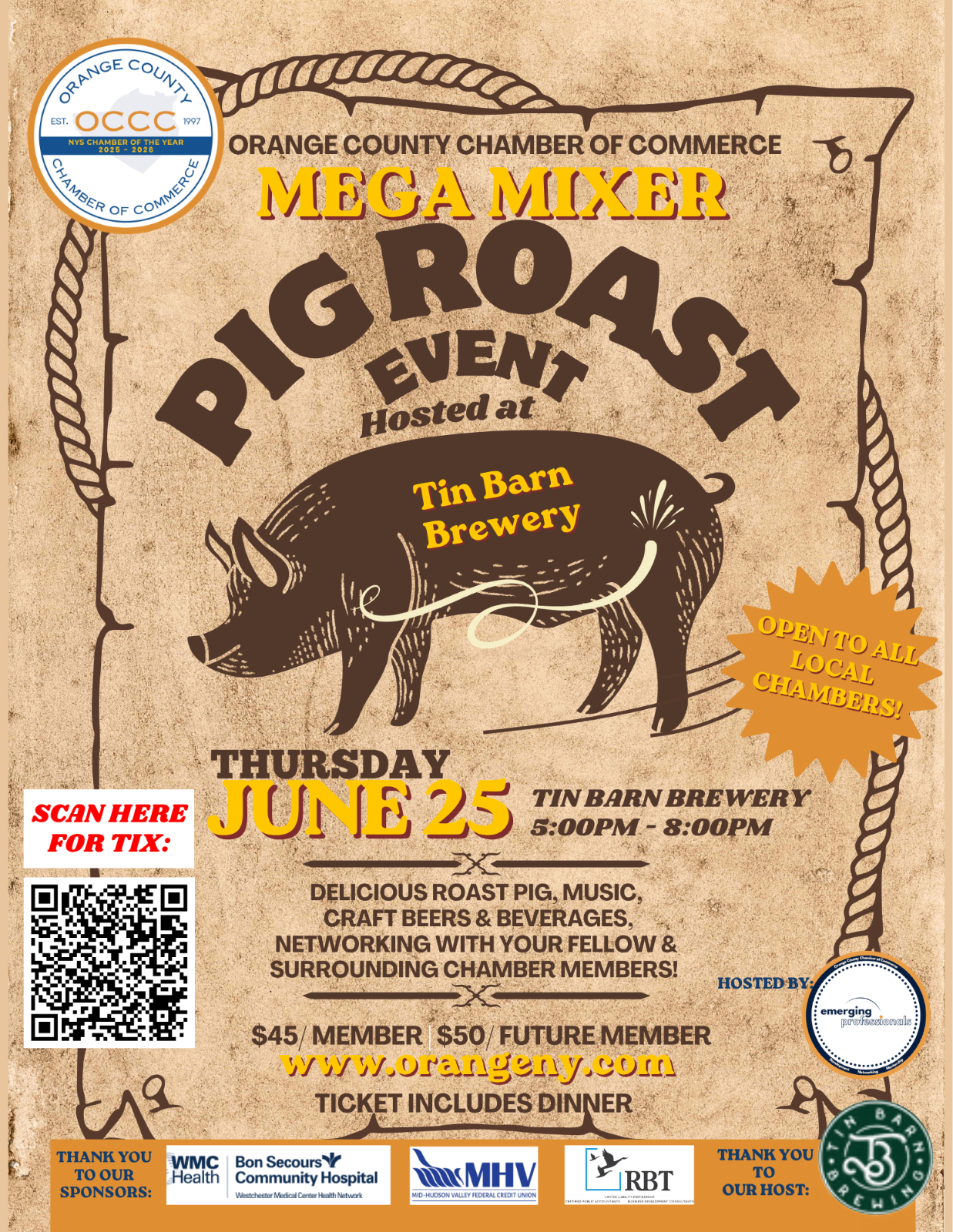 Poster for Orange County Chamber Mega Mixer: pig roast at Tin Barn Brewery, June 25, 5–8 PM; open to all locals.