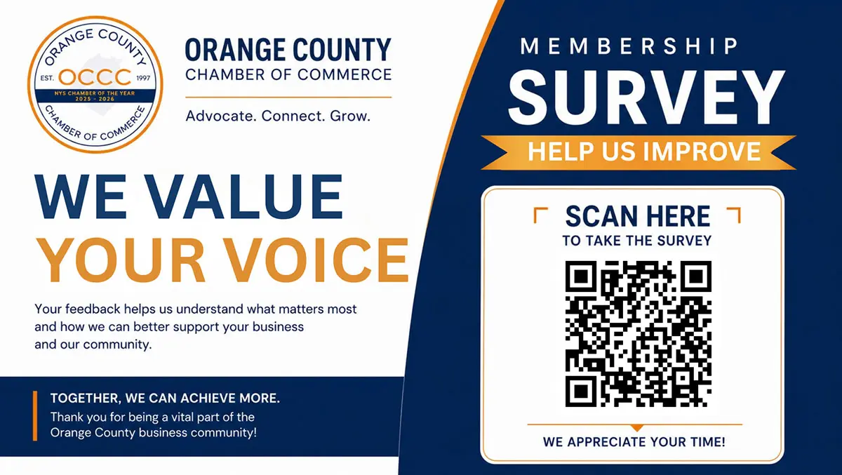 Orange County Chamber of Commerce survey flyer with headline 'We Value Your Voice' and a QR code to scan the survey.