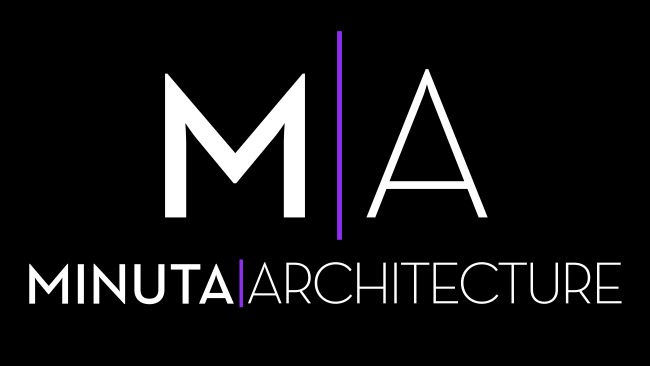 Logo for Minuta Architecture: large white letters 'M' and 'A' separated by a thin purple vertical bar on a black background, with the brand name 'MINUTA ARCHITECTURE' in white text and a purple divider.