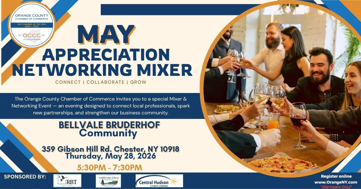 Promotional flyer announcing the May Appreciation Networking Mixer by the Orange County Chamber of Commerce, featuring a toasting group photo on the right and event details.