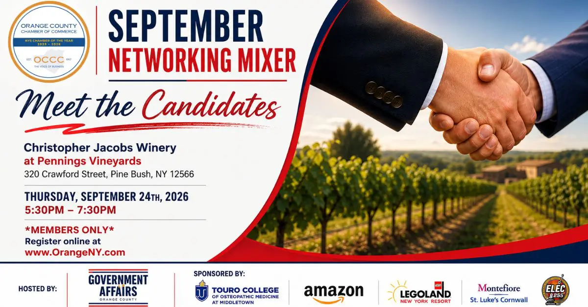 Poster for September Networking Mixer: 'Meet the Candidates' at Christopher Jacobs Winery, Pine Bush NY, with a handshake over a vineyard scene and sponsor logos along the bottom.