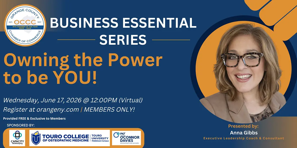 Banner for Business Essential Series: ‘Owning the Power to be YOU!’ with speaker photo on the right and logos at bottom left, date June 17, 2026. A1