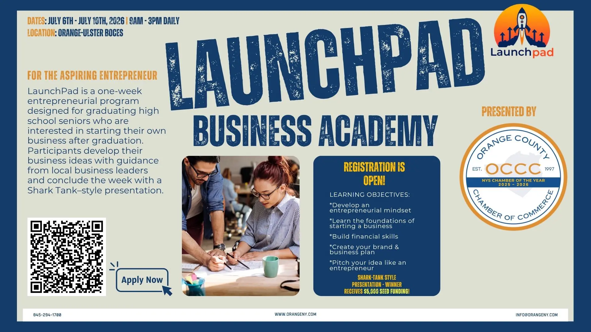 Promotional poster for LaunchPad Business Academy with dates and location information and a QR code on the left.