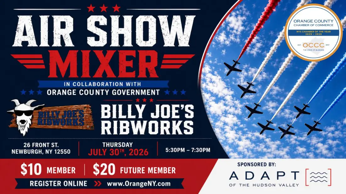 Poster for an Air Show Mixer in collaboration with Orange County Government, featuring bold white and red typography and a formation of planes with red, white, and blue contrails on the right side, promoting Billy Joe's Ribworks and sponsor Adapt of the Hudson Valley.