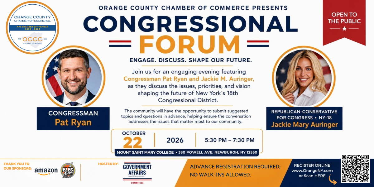 Congressional Forum poster announcing Pat Ryan and Jackie M. Auringer candidates, with date Oct 22, 2026, 5:30–7:30 PM at Mount Saint Mary College, open to the public.