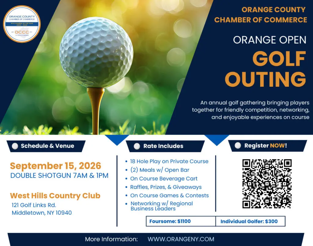 Promotional flyer for Orange Open Golf Outing by Orange County Chamber of Commerce, featuring a golf ball on a tee with event details and a QR code on the right.