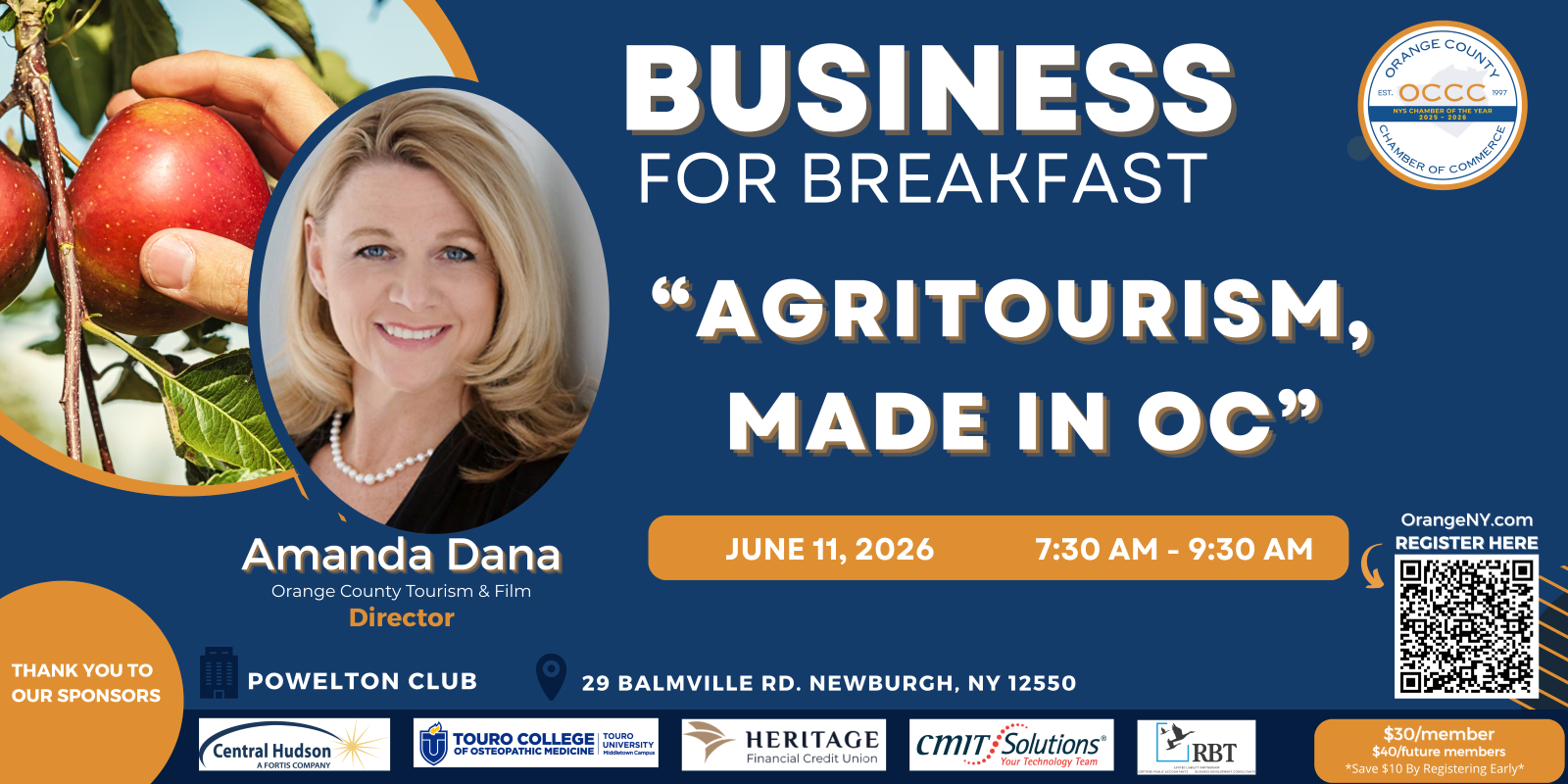 Banner for 'Business for Breakfast' featuring Amanda Dana, event date June 11, 2026, 7:30–9:30 AM at Powelton Club, Newburgh NY; sponsor logos and a QR code.