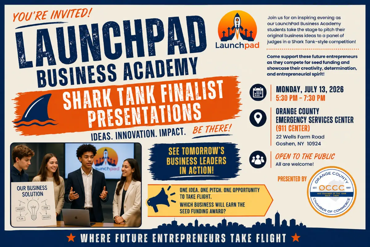 Poster advertising LaunchPad Business Academy Shark Tank finalist presentations with date, time, and venue details nearby the event logo.