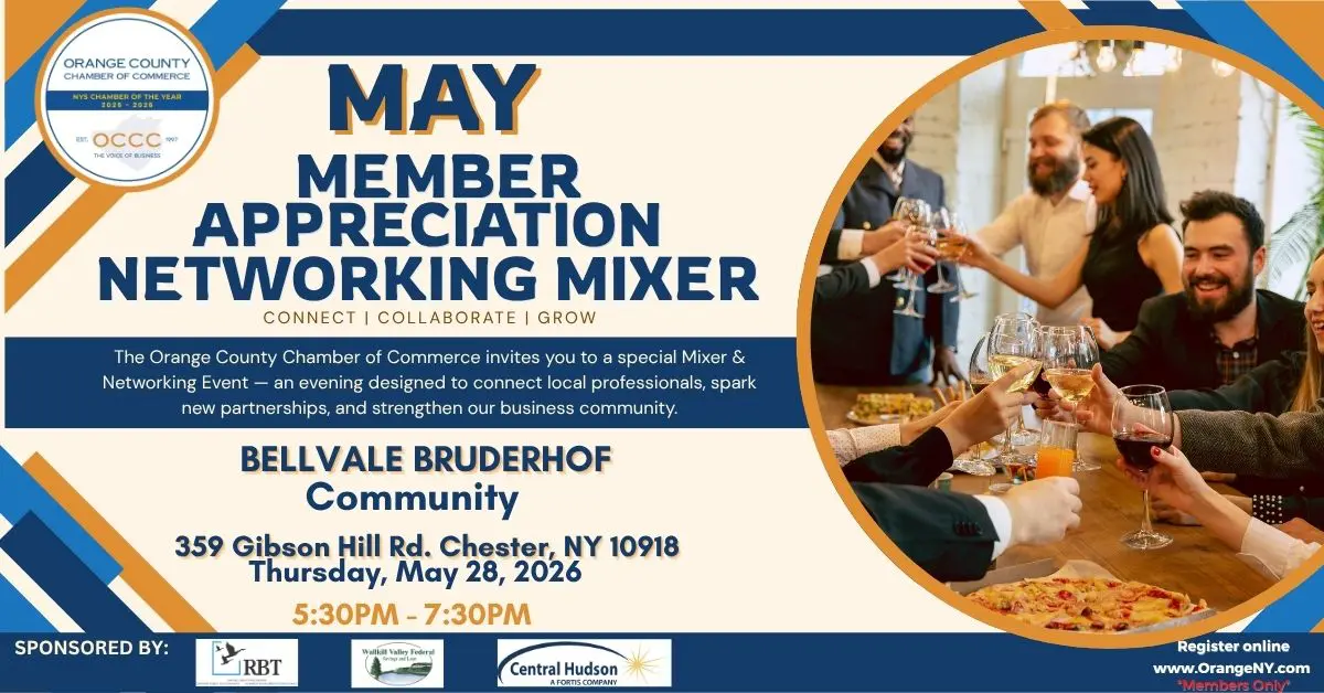 Event flyer for Orange County Chamber of Commerce May Networking Mixer with toasts and a large circular photo on the right; includes date, time, and venue information.