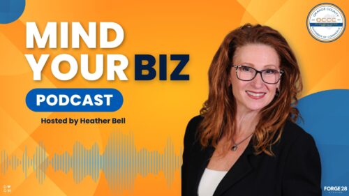 Podcast cover for 'Mind Your Biz' featuring host Heather Bell, with orange-blue background and a smiling woman wearing glasses on the right.