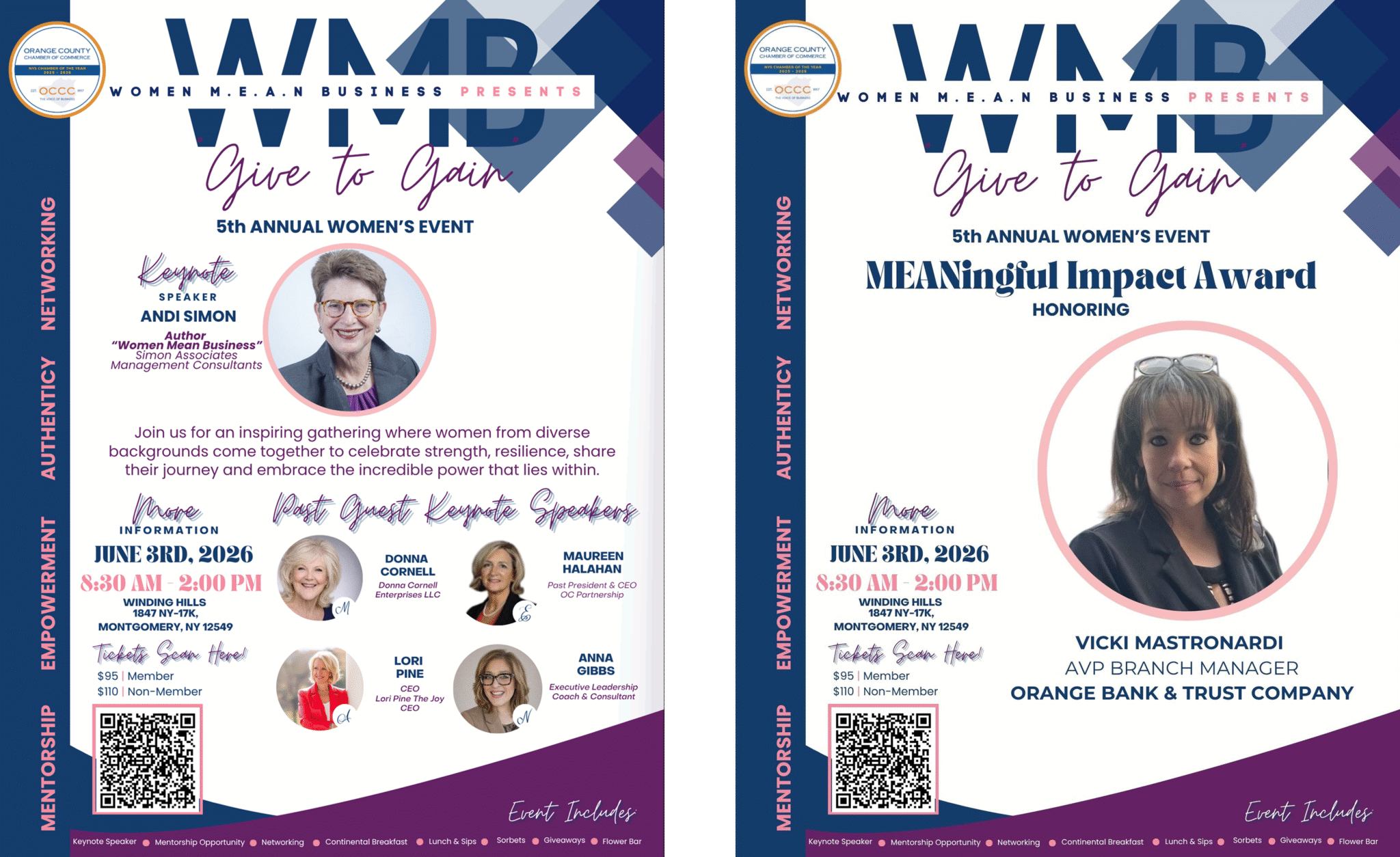 Promotional poster for the 5th Annual Women’s Event: Give to Gain, with keynote speaker Andi Simon; includes date June 3, 2026 and event times 8:30 AM–2:00 PM, at Winged Hills, Montgomery, NY, plus mentor/networking themes and QR code area.